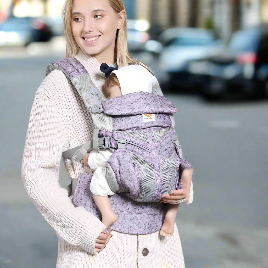 porte bébé breathbabybag mauve lavande face à face avec maman
