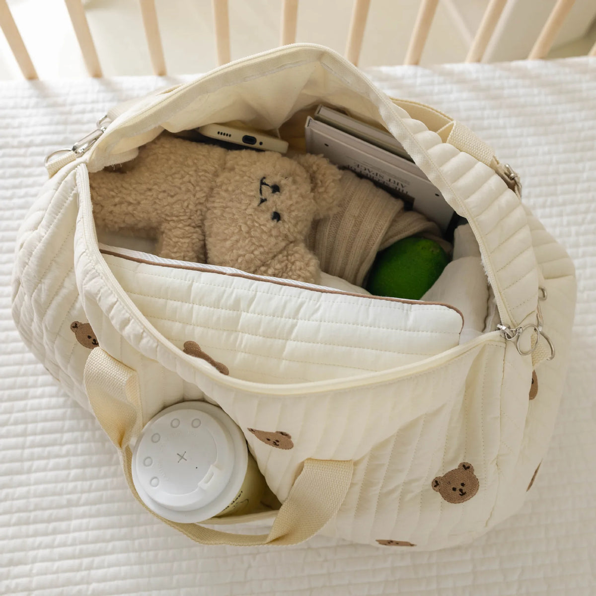 sac a langer bebe beige motif ours ouvert