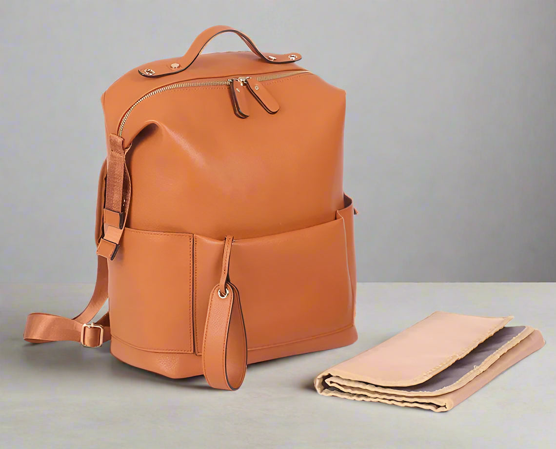 sac à langer sac à dos en cuir pu imperméable-marron